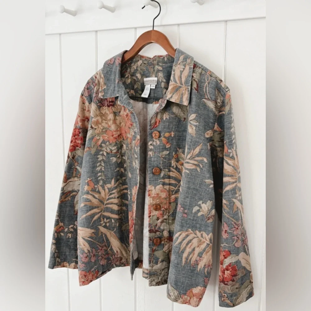 Coldwater Creek Canvas 100% Cotton Floral Jacket Muted Colorful Coastal 2X - Picture 5 of 12